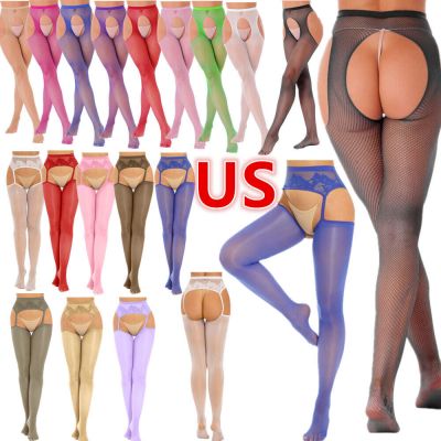 US Women's Sheer Mesh Garter Belt Pantyhose Hollow Out Fishnet Stockings Tights